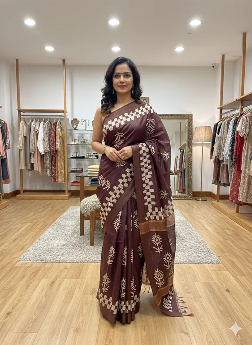 Semi Tussar Silk Saree with Authentic Batik Print – Elegant & Artisanal Drape